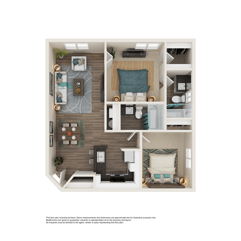 Floor plan for 2 beds, 2 baths, 834 sqft